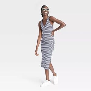 A New Day Women's Side Ruched Blue and White Striped Ribbed Tank Dress